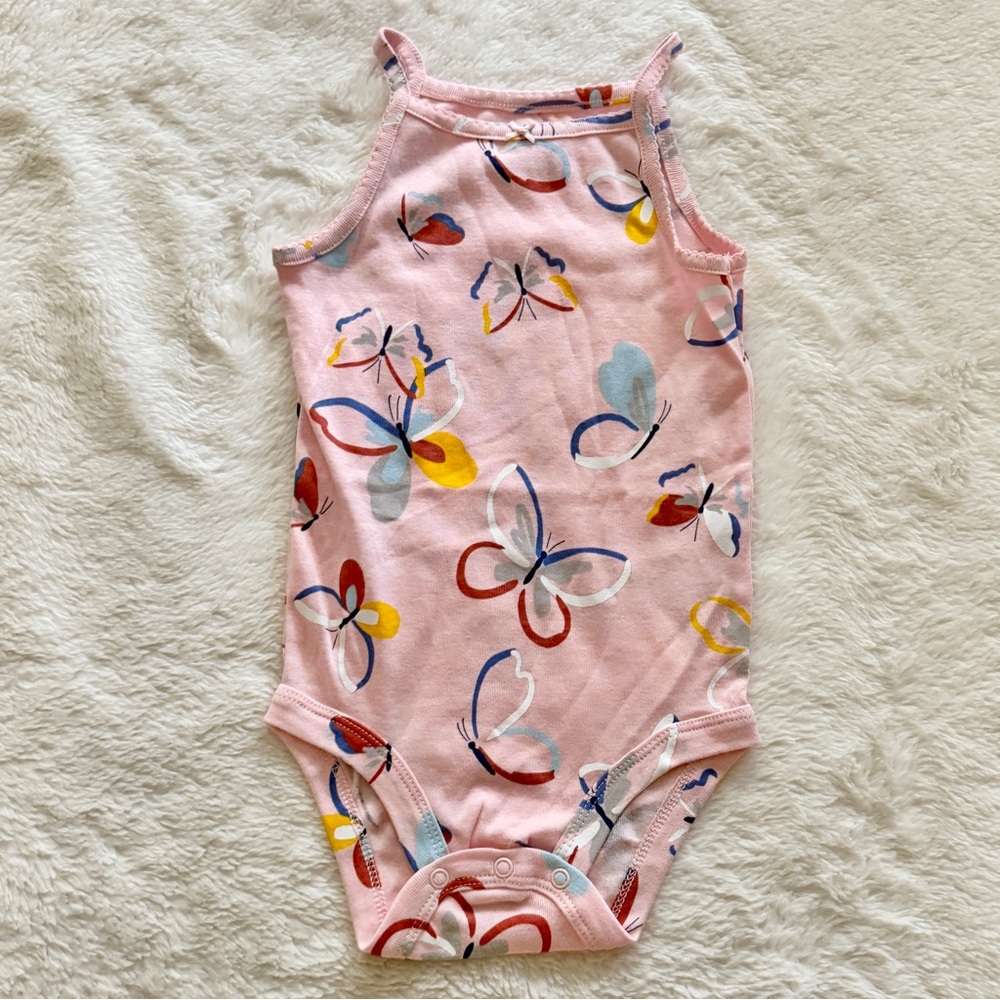Carter’s 3 Piece Set Bodysuit Chambray Top Shorts Blue Pink Butterfly Size 24M - Picture 3 of 12